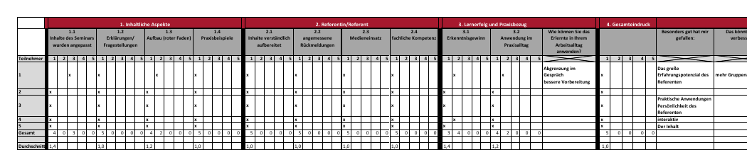 Beispielhafte anonymisierte Seminar-Evaluation mit Bewertungsfeldern und Durchschnittswerten